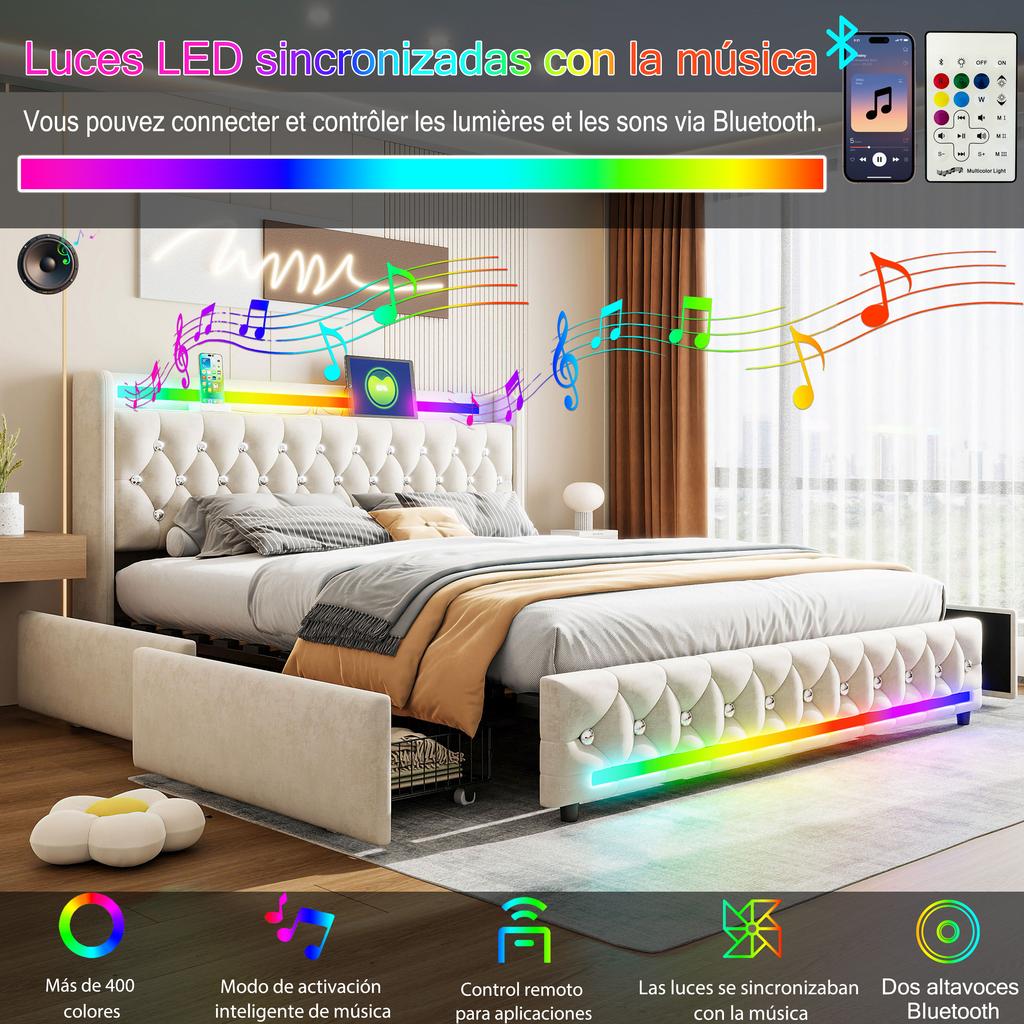 Modern White Black Velvet Fabric Bed with Side Charging Station Bluetooth Speaker Built in Nightlight and Rolling Drawers