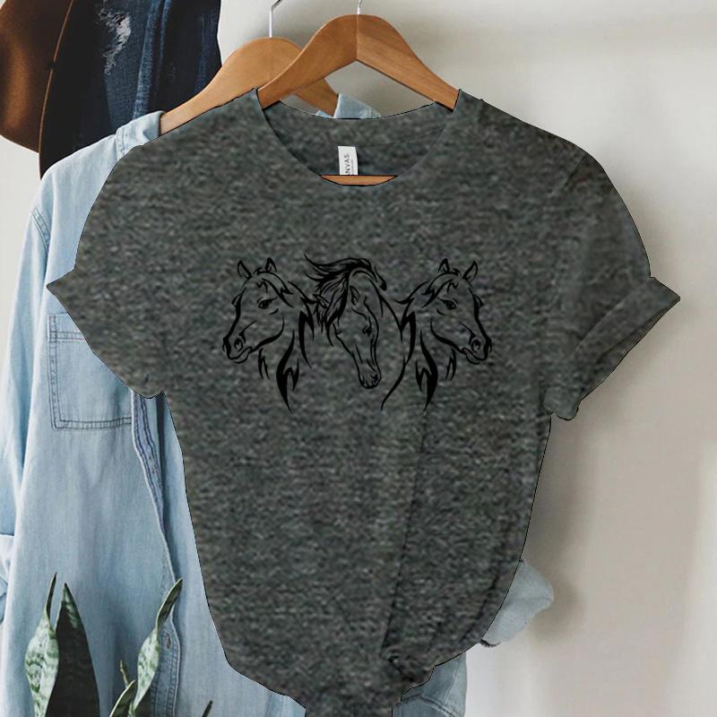 Harajuku Mode T-Shirt Druck Weiß Schwarz Pferd Grafik Damen T-Shirt Kurzarm Weiblich Sommer Pferd Lässig Locker T-Shirt
