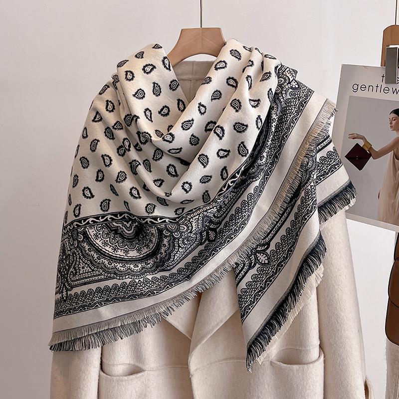 Women'S Fashion Faux Cashmere Winter Scarf Vintage Print With Tassels Thick Warm Pashmina Two-Sided Wrap Outdoor Shawls Foul