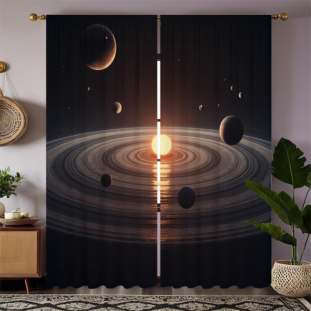 

2pcs Space-Themed Curtains - Celestial Design with Sun Planets & Rings Semi-Transparent Polyester Fabric Rod Pocket for Easy 100*130 Rod Pocket 1pcs