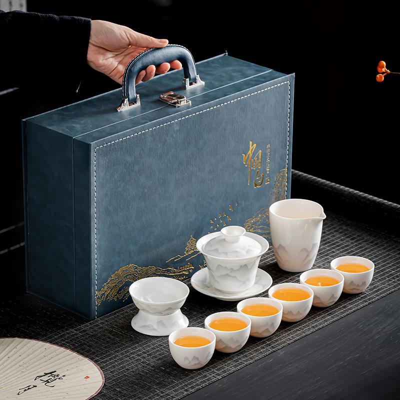 White porcelain tea set, full set of kung fu tea set, suet jade cover bowl, tea cup business gift gift box print