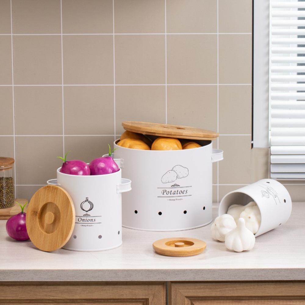 Carbon Steel Garlic Storage Bin with Lid Potato Storage Container  Farmhouse