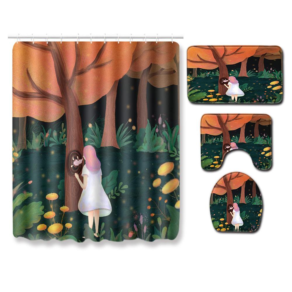 Healing Tree Hole Bathroom Shower Curtain Floor Mat Toilet Cover Foot Mat Four-Piece Set