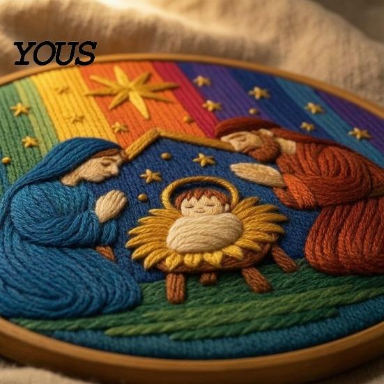 Polyester Embroidery Fabric Nativity DIY Kit, Manger Scene Hand Patterns Christian Needlepoint Craft Kit for Beginners, Religious Home Decoration