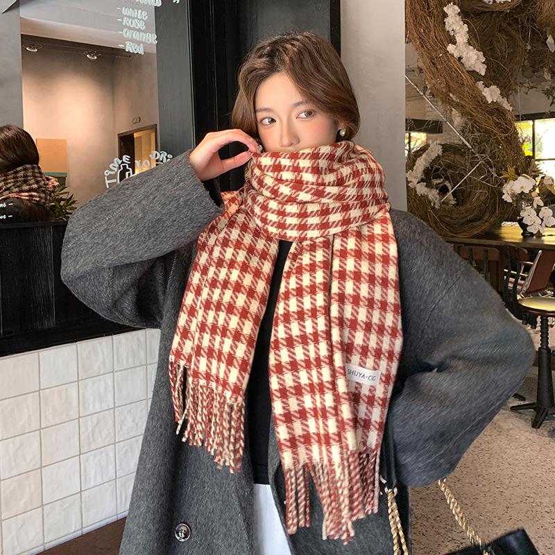 New Student Korean Plaid Versatile Scarf for Women Winter Warm Neck Protection Neck Scarf Tassel Shawl