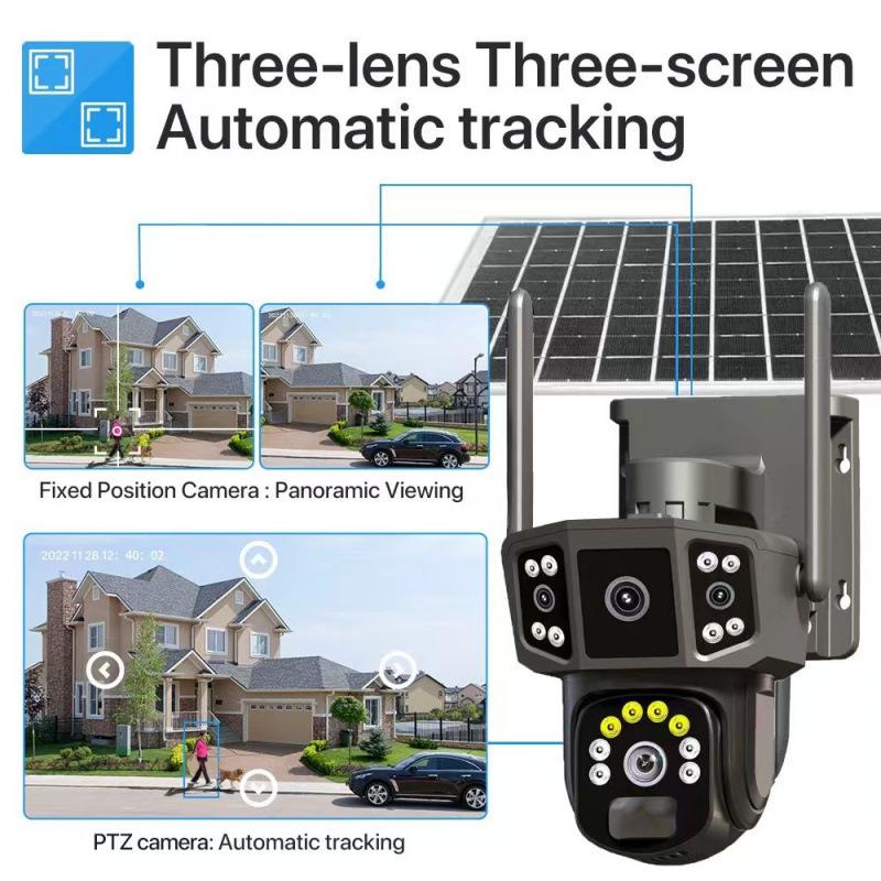 V380 Solar 4G HD Three-Lens Outdoor Camera with Night Vision and WiFi for Orchard Monitoring