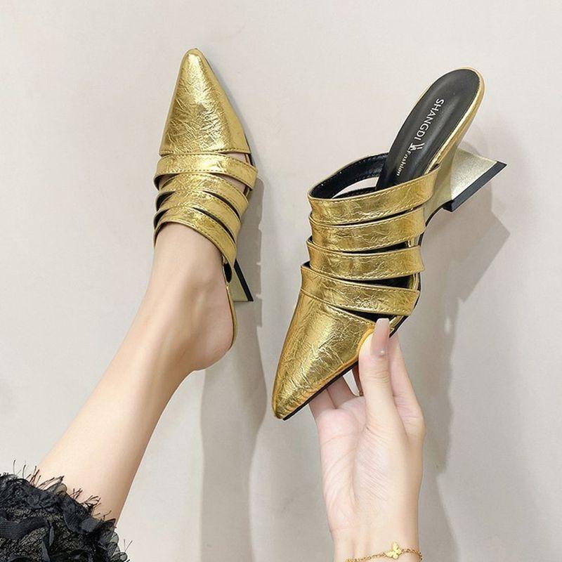 

Модные ретро универсальные толстые средние каблуки модная сумка голова полушлепанцы женские осенние остроносые мягкая подошва сандалии на одной педали 40 золотой