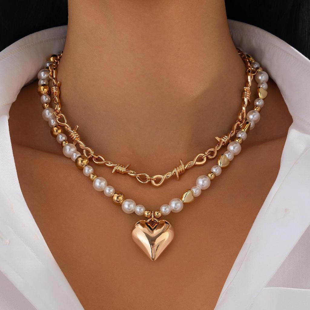 Love Alloy Pendant Necklace with Pearl Beads - Multi-layer, Versatile European & American Style.