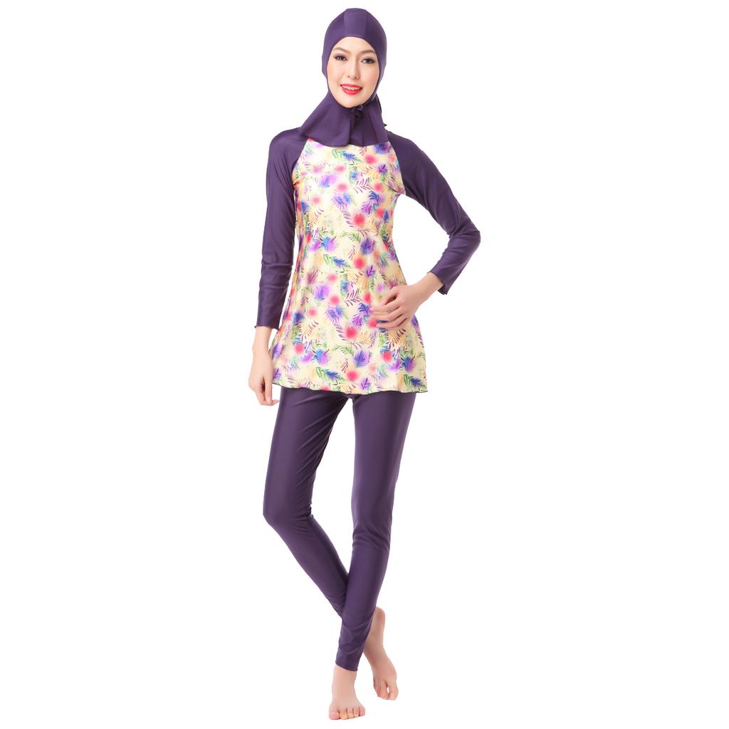 Frauen Muslimische Bademode Badeanzug Druck Badeanzug 3-teilig Mit Kappe Beachwear Frauen Bademode Langarm Hosen Sport Konservative