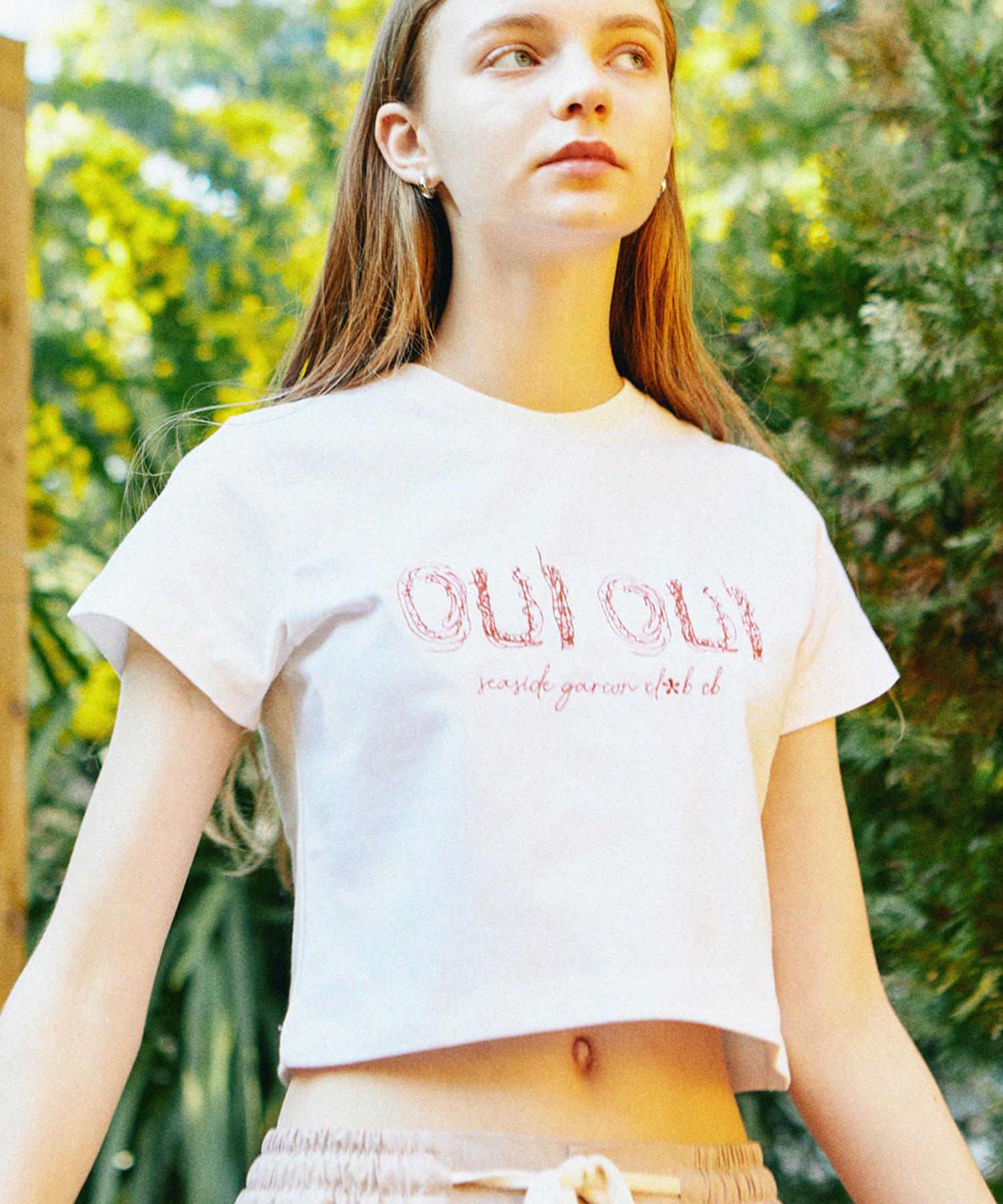 Konnichiwa Bonjour Crop Embroidery Tee (White/Red) Free