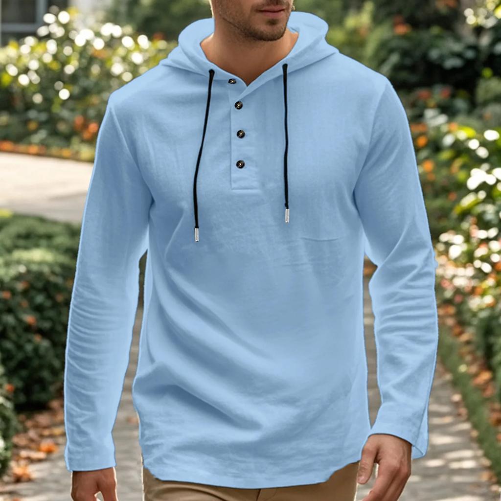 Spring Summer Men's Hooded T-Shirts Linen Solid Color Casual Button Long Sleeve Thin T Shirt Men