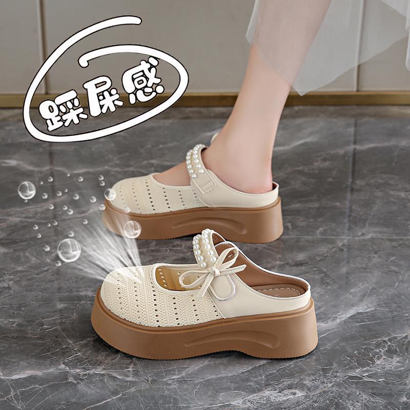 French bow thick-soled Mary Jane sandals women's 2025 summer new hollow breathable bag head half slippers size 34
