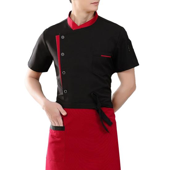 

Chef Uniform Apron Set Stand Collar Short Sleeve Breathable Kitchen Jacket with Multi-Pocket Design Patchwork Color Kitchen Staff M чёрный