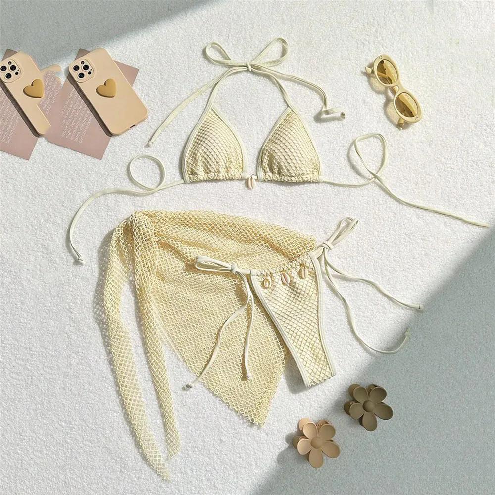 Sexy Brown Mesh Swimsuit Cover Ups Women Triangle String Micro Bikini Thong Halter Swimwear Bathing Suit 3 Piece Bikini Set 2025
