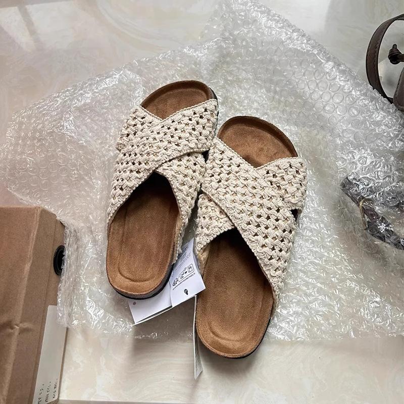 

Sheepskin version~ Cross-strap knitted slippers women s summer wear retro Birkenstocks open-toed beach vacation cool slippers 40