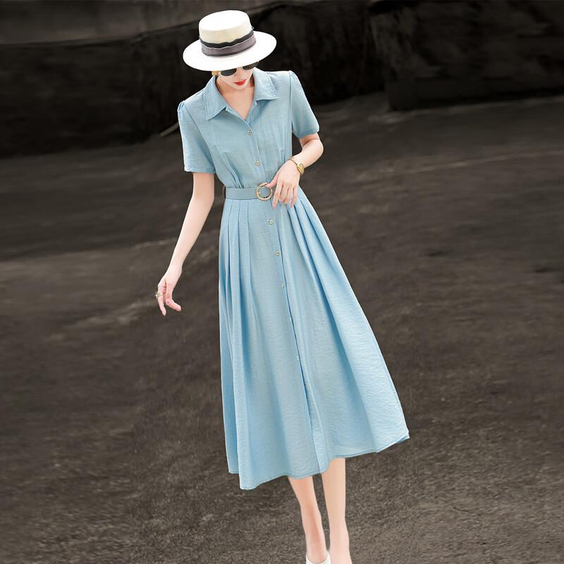 Women's Elegant Lyocell Blend Belted Midi Shirt Dress
