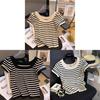 Black And White Striped Ice Silk Short Sleeve Tshirt For Women Summer Elegant Office Wear