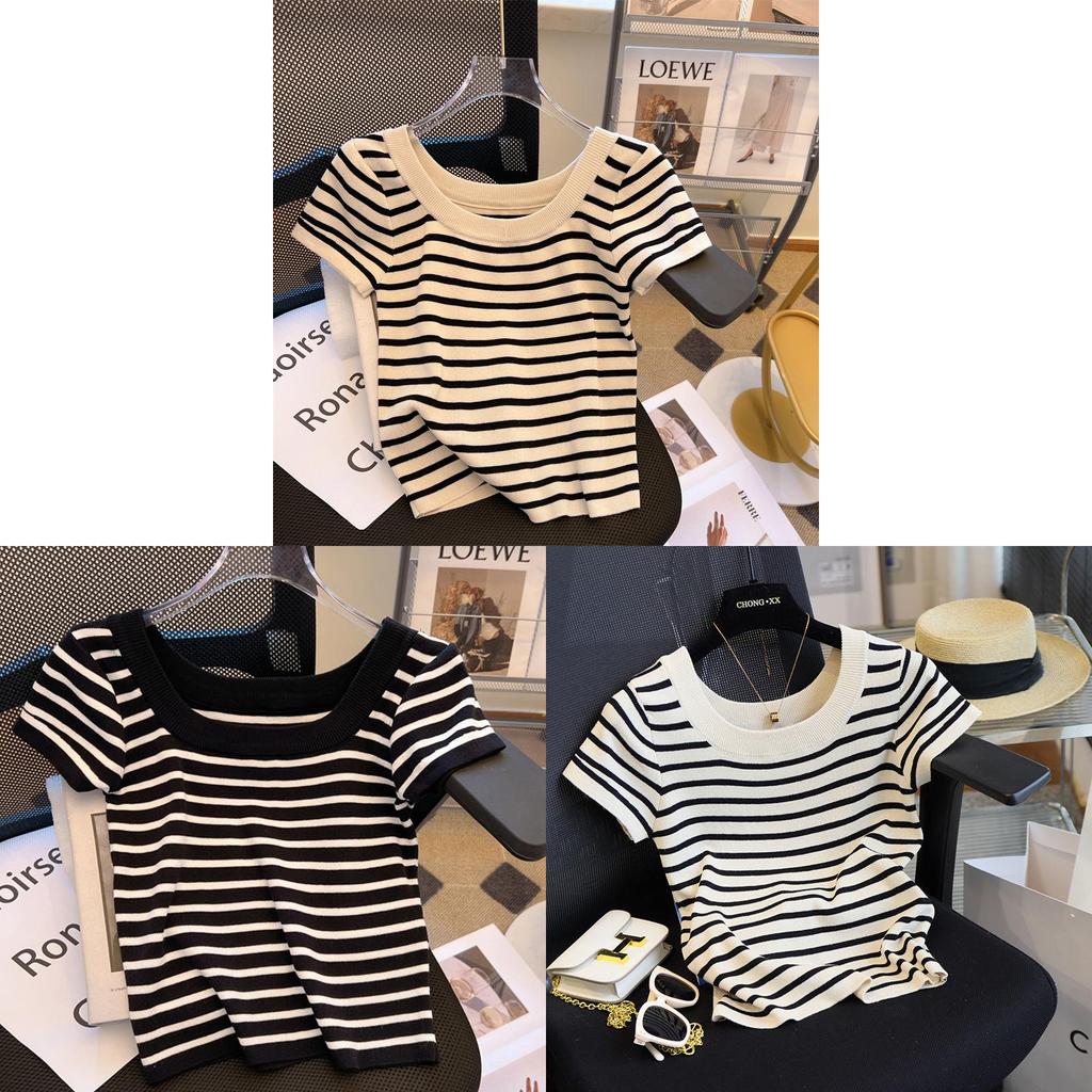 Black And White Striped Ice Silk Short Sleeve Tshirt For Women Summer Elegant Office Wear