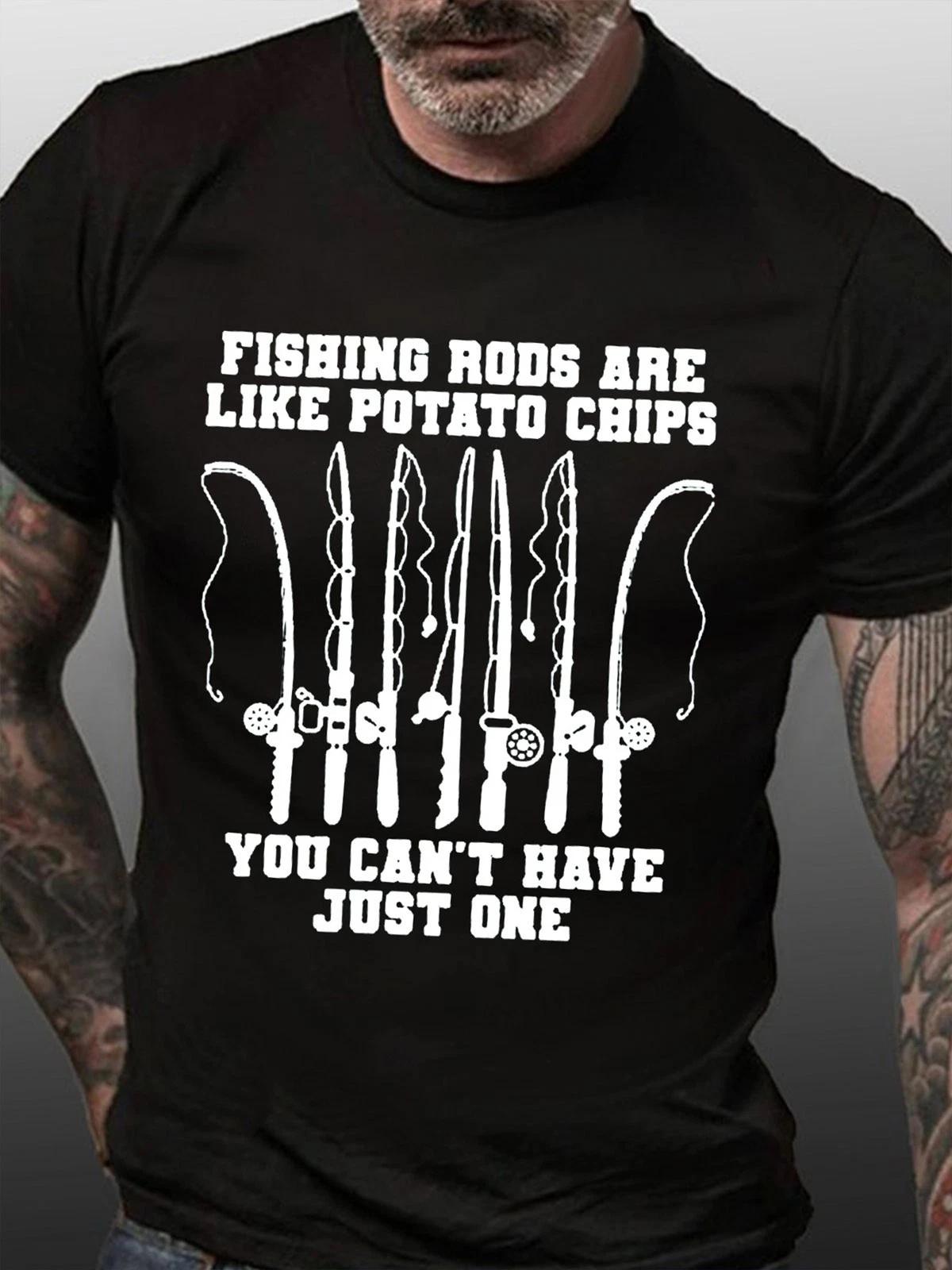 Fishing Rods Like Potato Chips Funny Fisherman Graphic T-Shirt L