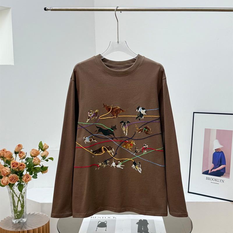 ID Podzimní Retro Štěně Potisk Vyšívané Tričko s Dlouhým Rukávem