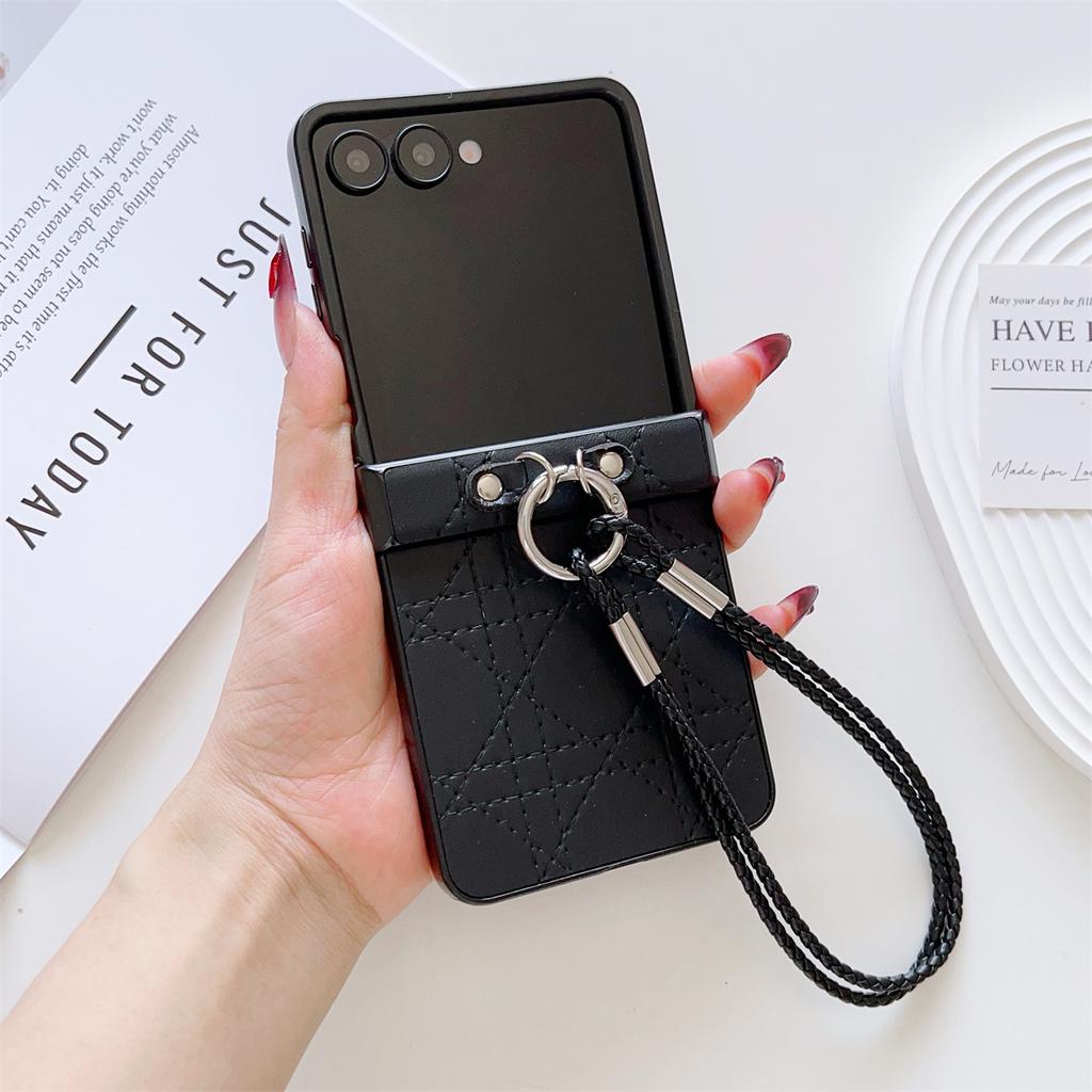 For Samsung Galaxy Z Flip7 5G Case Imprinted Rhombus TPU+PC Phone Cover with Wrist Strap