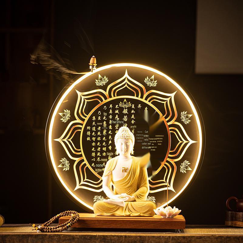 Keramik Shakyamuni Buddha Statue - Wohnzimmer Kunstwerk mit den Drei Heiligen und Lichtkreis Design