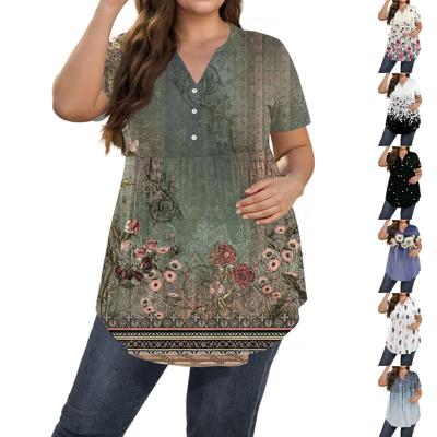 Women's Print Large Size  V Neck Button-Up Top Casual Short Sleeve Flowy Top