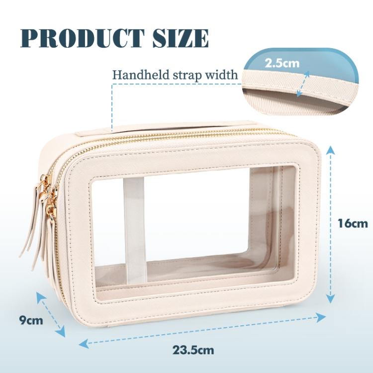 

Travel Transparent PVC Double Layer Waterproof PU Leather Cosmetic Bag Beige