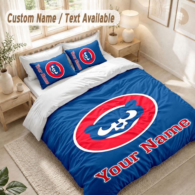 Custom Name Bedding Set 3 PiecesChicago Cubs Print Duvet Cover + 2 Pillowcases Soft Bed Decor