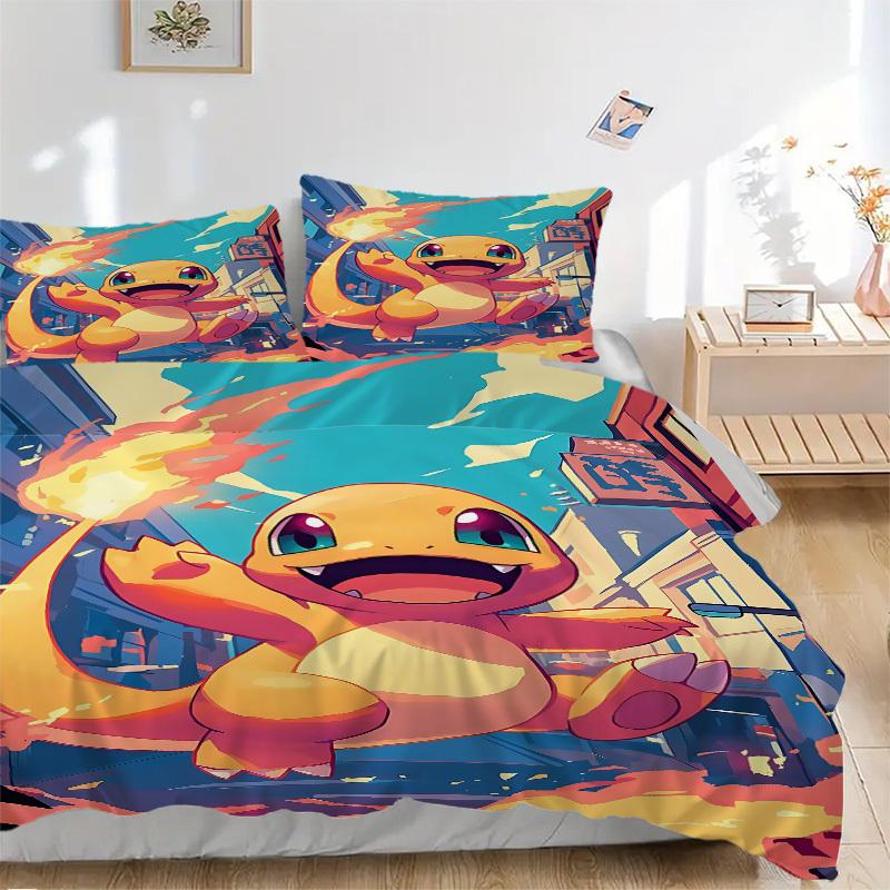 3pcs bedding set Flame Pokémon Includes 1 Comforter + 2 Pillowcases, Without Pillow Inserts, Soft Comfortable, Lightweight Breathable, Print