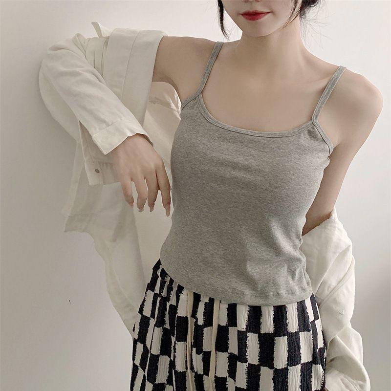 Cotton Cami Top Seamless Built-in Bra Tank Short Sleeveless Shirt Solid Color Versatile Layering Underwear