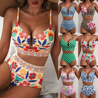 2-Piece High Waist, Bikini Set Floral Print Swimsuit Cross Back Swim