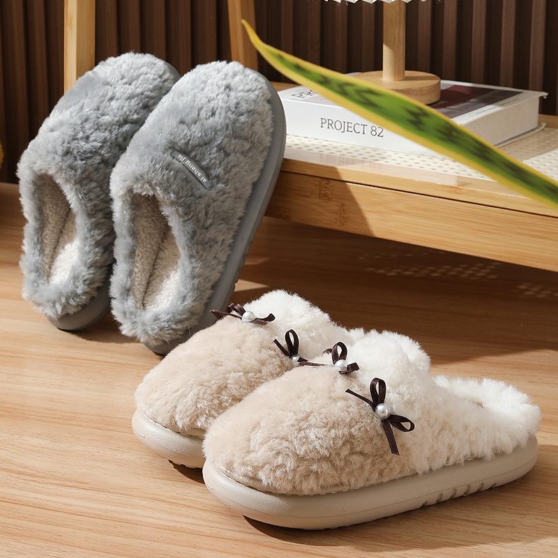 Winter Pearl Bow Ladies Warm Cotton Slippers Bedroom Fluffy Floor Mop