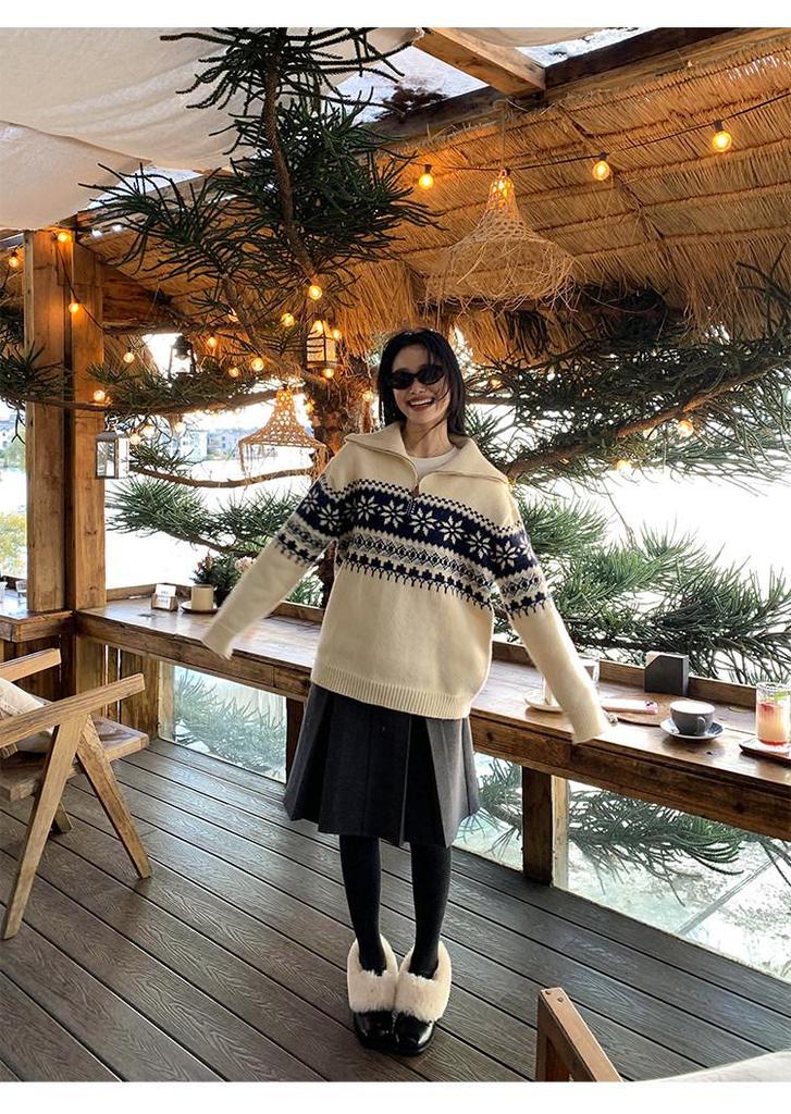 Women's Retro Fair Isle High-Neck Half-Zip Sweater Pullover | 2026 Autumn/Winter Collection | Trendy, Loose Jacquard Knit Top