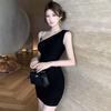 Women's Black One-Shoulder Metal Strap Dress - French Luxury Style, Hip-Hugging Skirt