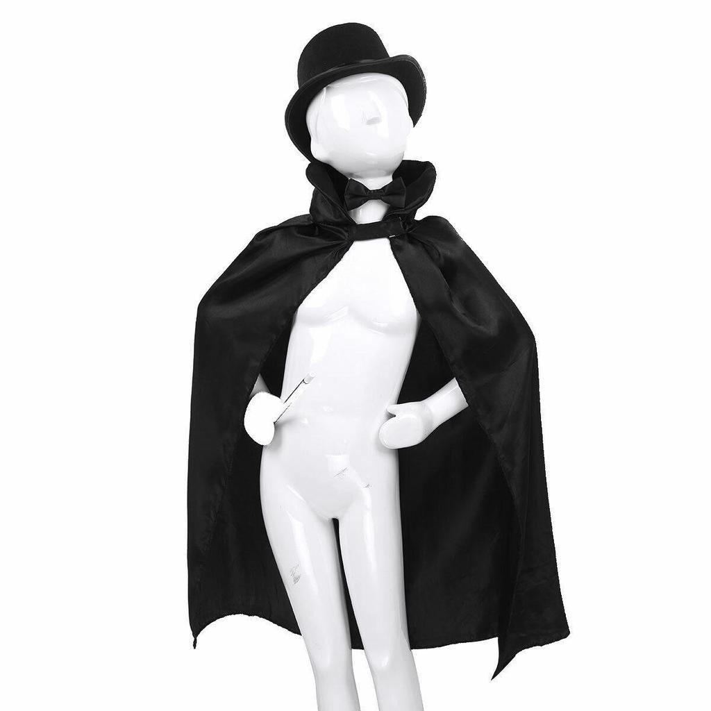 Children's Superhero Costume Set: Black Cape, Magician Hat, Bow Tie, Cane, and Gloves for Role-Playing.