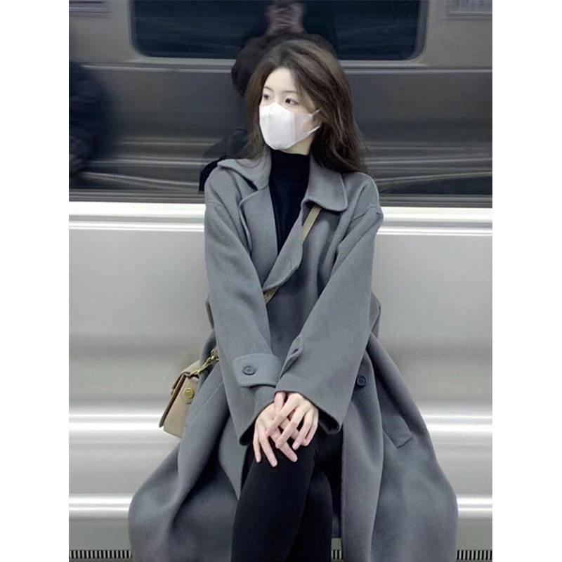 

Women s Gray Double-Sided Cashmere Wool Mid-Length Coat - 2025 Autumn/Winter Petite Collection M серый