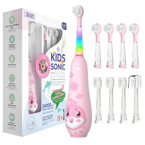 SEAGO Electric Toothbrush for Kids, 8 Replacement Brushes, Sonic Toothbrush, Magnetic Charging Timer, Soft Bristles, LED Light, 3 Modes, IPX7 Waterpro