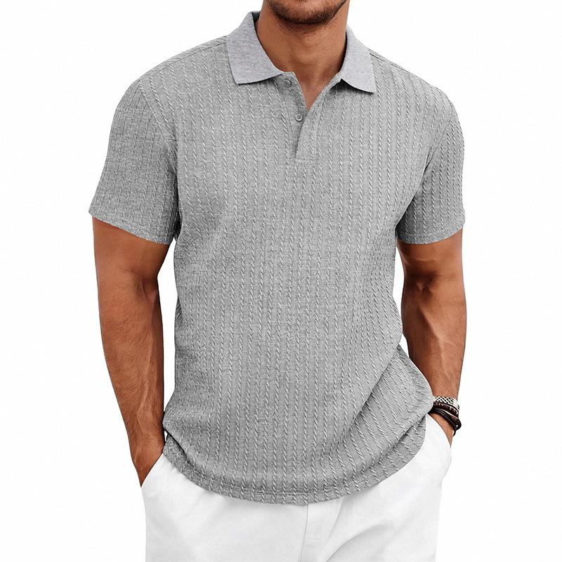 Men's Textured Vertical Stripe Polo Shirt - Summer Short Sleeve Lapel Tee, Breathable & Casual