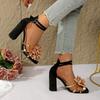 Fashion Women's Square Head Open Toe Flower Fine Strap Non-slip Wear Resistant Chunky Heels Party Super High Heel Sandals