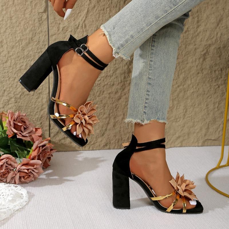 Fashion Women's Square Head Open Toe Flower Fine Strap Non-slip Wear Resistant Chunky Heels Party Super High Heel Sandals