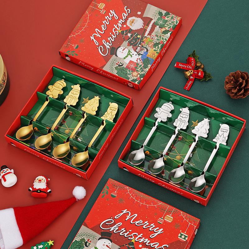 Durable Stainless Steel Christmas Spoon Set 4Pcs Adorable Snowman Santa Tree Handle Flatware for Daily Xmas Dining Use