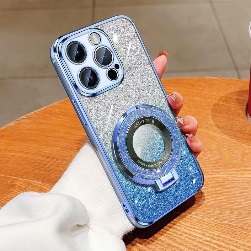 Applicable To IPhone16proMax Flash Powder Mobile Phone Case Magnetic Suction Bracket Apple 15 Gradient Color 14 Anti-fall Protection Case