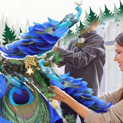Glitter Blue Peacock Ornaments With Tail Feather Clip On Decor Set For Christmas Tree Decorations Garden Decor Yar