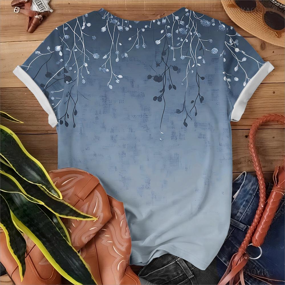 Blue And White Flower Pattern Women's T-shirt Casual Fashionable Comfortable Summer Round Neck Short Sleeve Y2k Streetwear