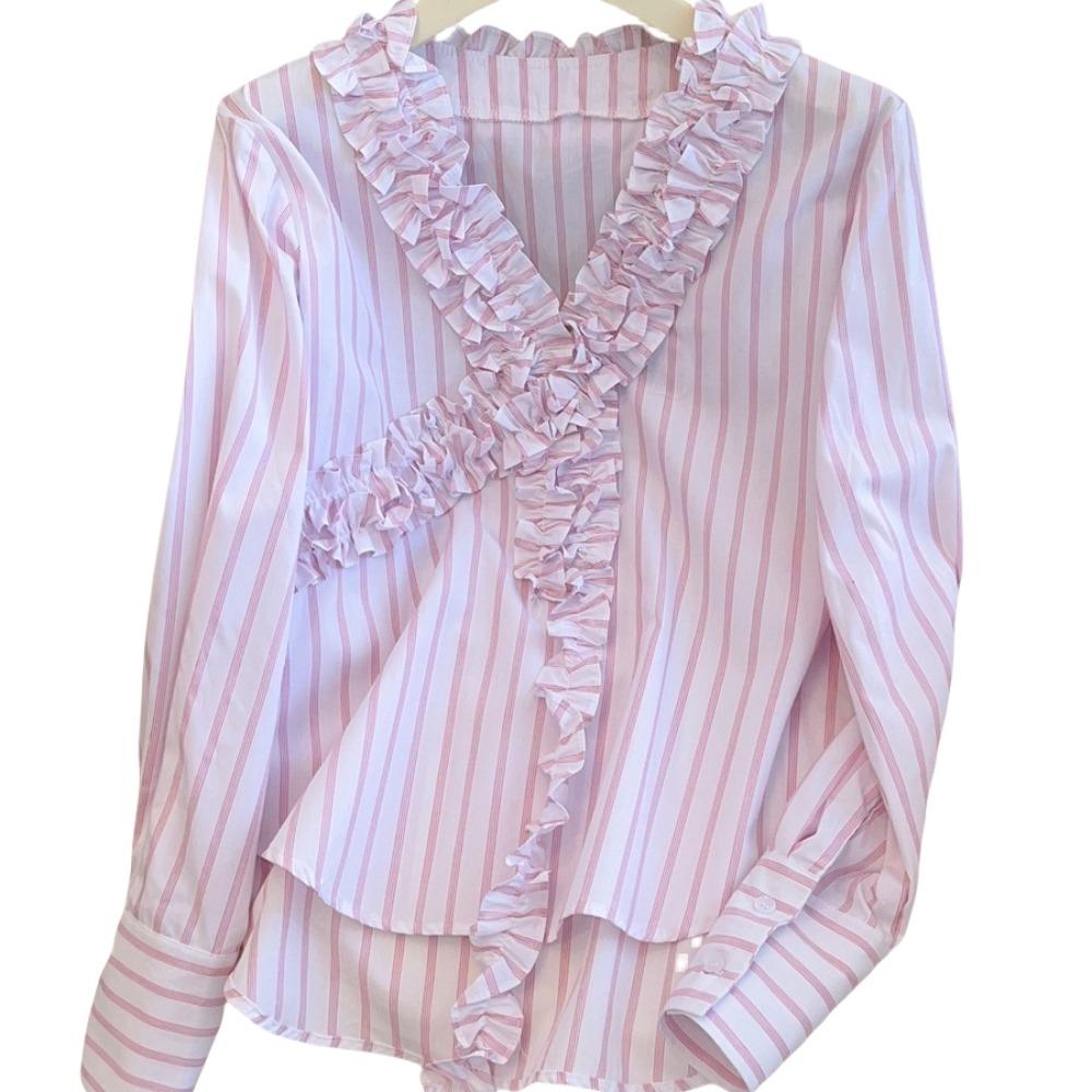 Sweet Deep V Flouce Shirt Tassel Women Shirt Top Comfortable Long Sleeve Shirts  Office