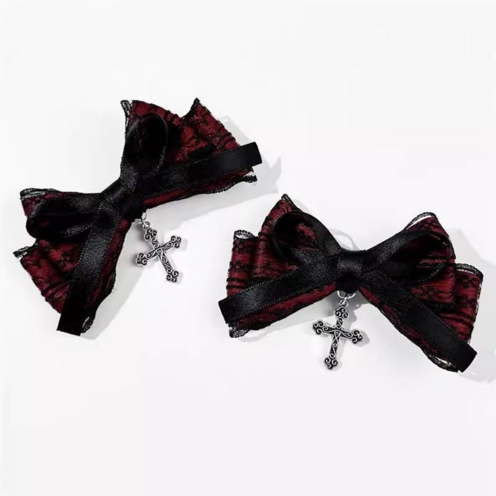 2pcs Gothic Style Bow Hair Clip Sweet Cool Hair Accessories Cosplay Black Wine Red Lace Hair Alligator Clips Barrette