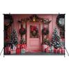 Mocsicka Pink Christmas House Background Photography Xmas Tree Home Door Gift Stockings Decorations Kid Baby Girl Photo Backdrop