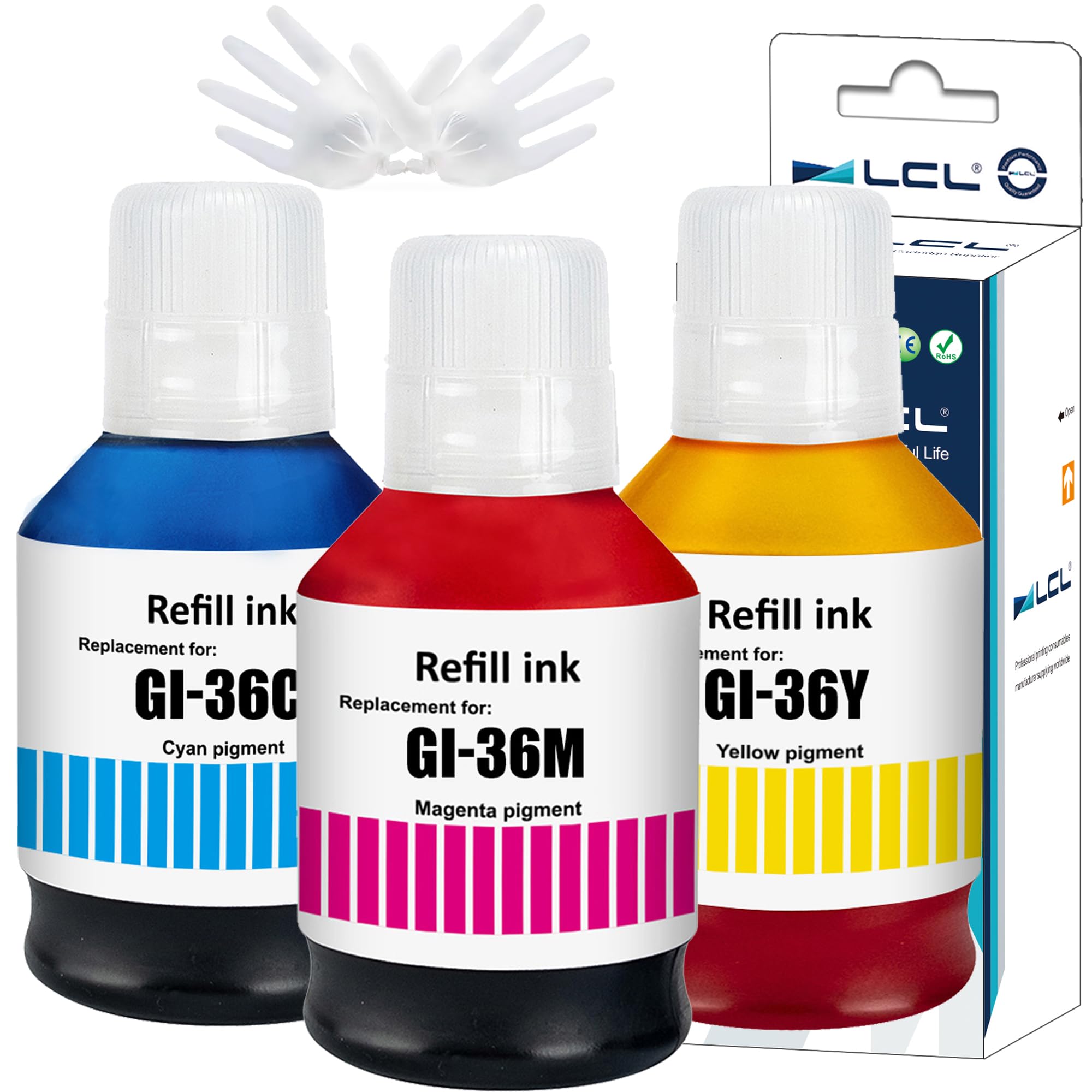 

LCL Compatible Ink Bottles for Canon and and Yellow Compatible with Maxify and GX5530 Printers GI36, GI-36, GI-36C, GI-36M, GI-36Y (3-Pack Cyan,