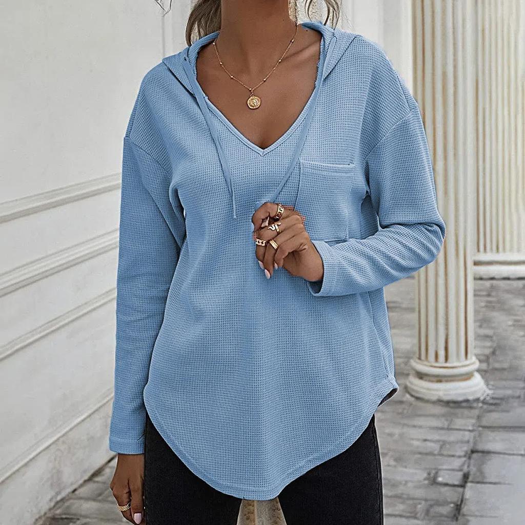 New Women's V-Neck Waffle Knit Hoodie, Drawstring Pocket Pullover with Long Sleeves, Casual & Sporty Lounge Top for Daily Wear